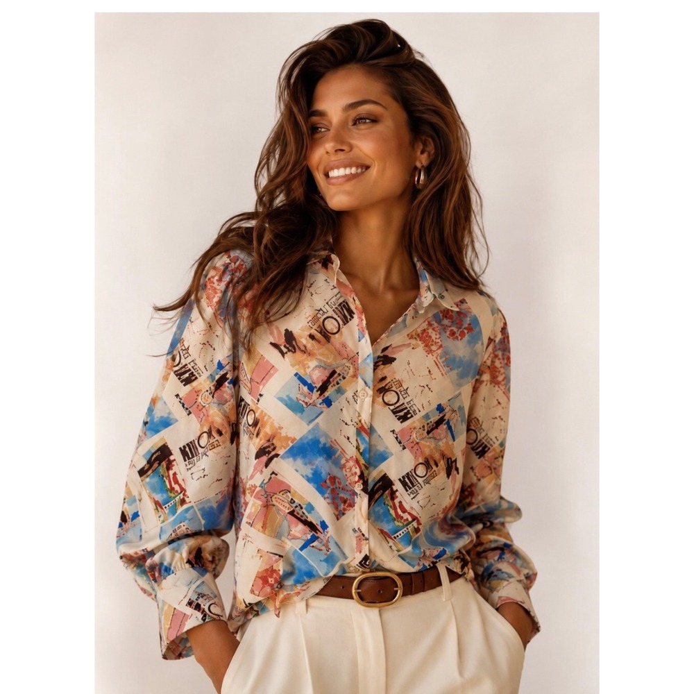 Zeagoo Riviera Postcard Print Button Up Shirt Coastal Resort Quiet Luxury Travel